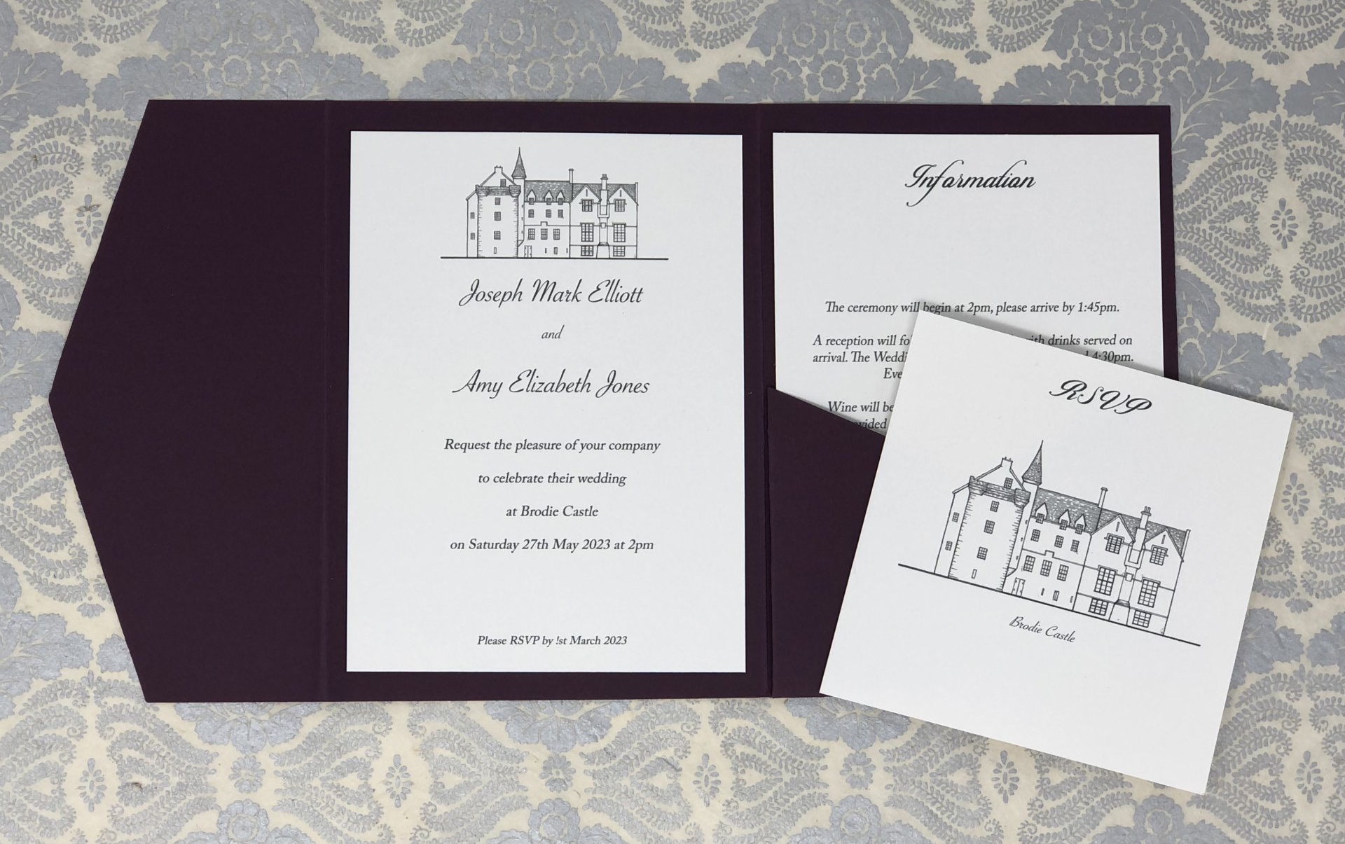 bespoke custom hand drawn wedding invitation  pocketfold