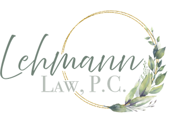 Lehmann Law, P.C. logo with script text, surrounded by gold circle and watercolor leaves.
