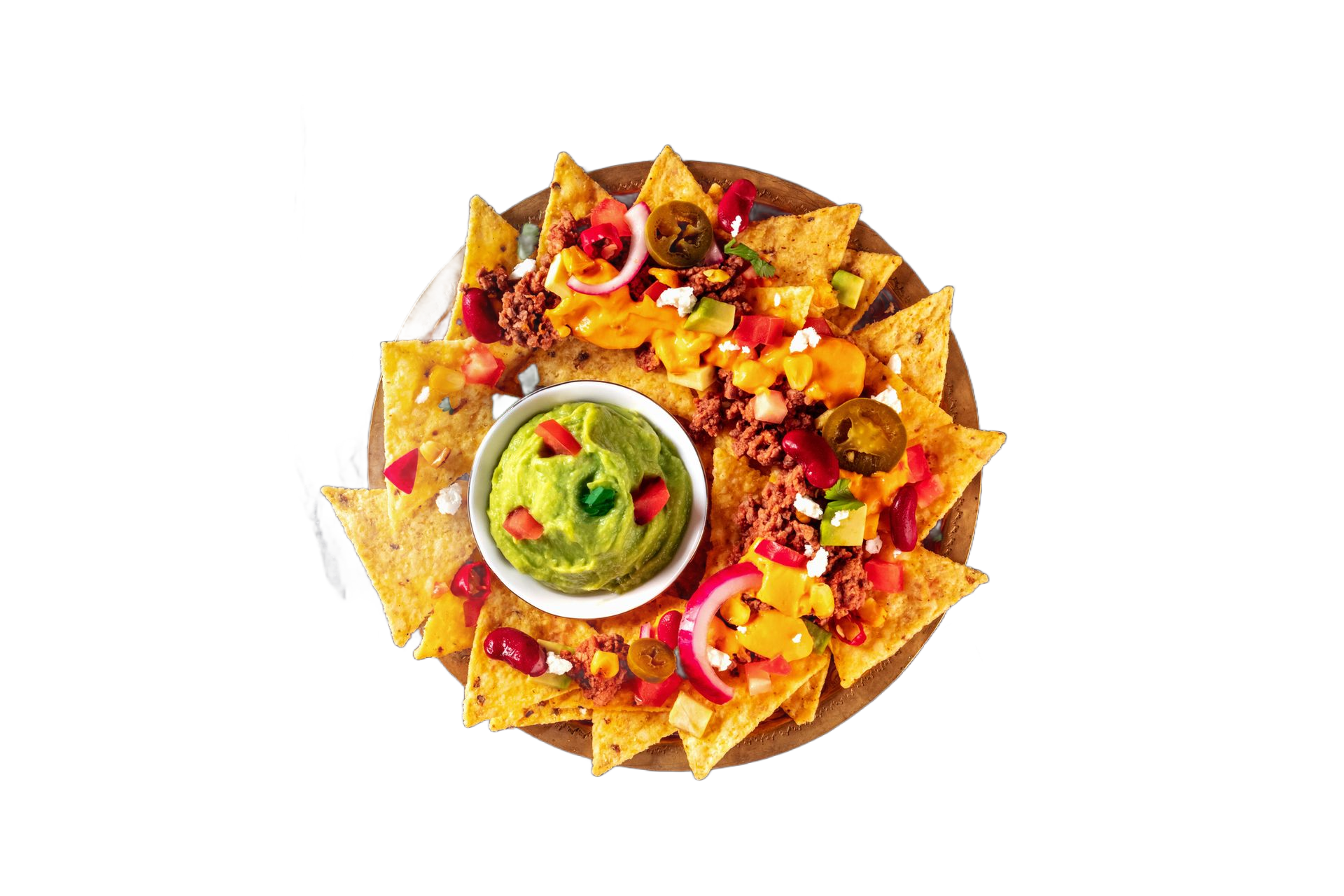 Nachos with guacamole, toppings, and a wooden plate. Nachos with guacamole, toppings, and a wooden plate.
