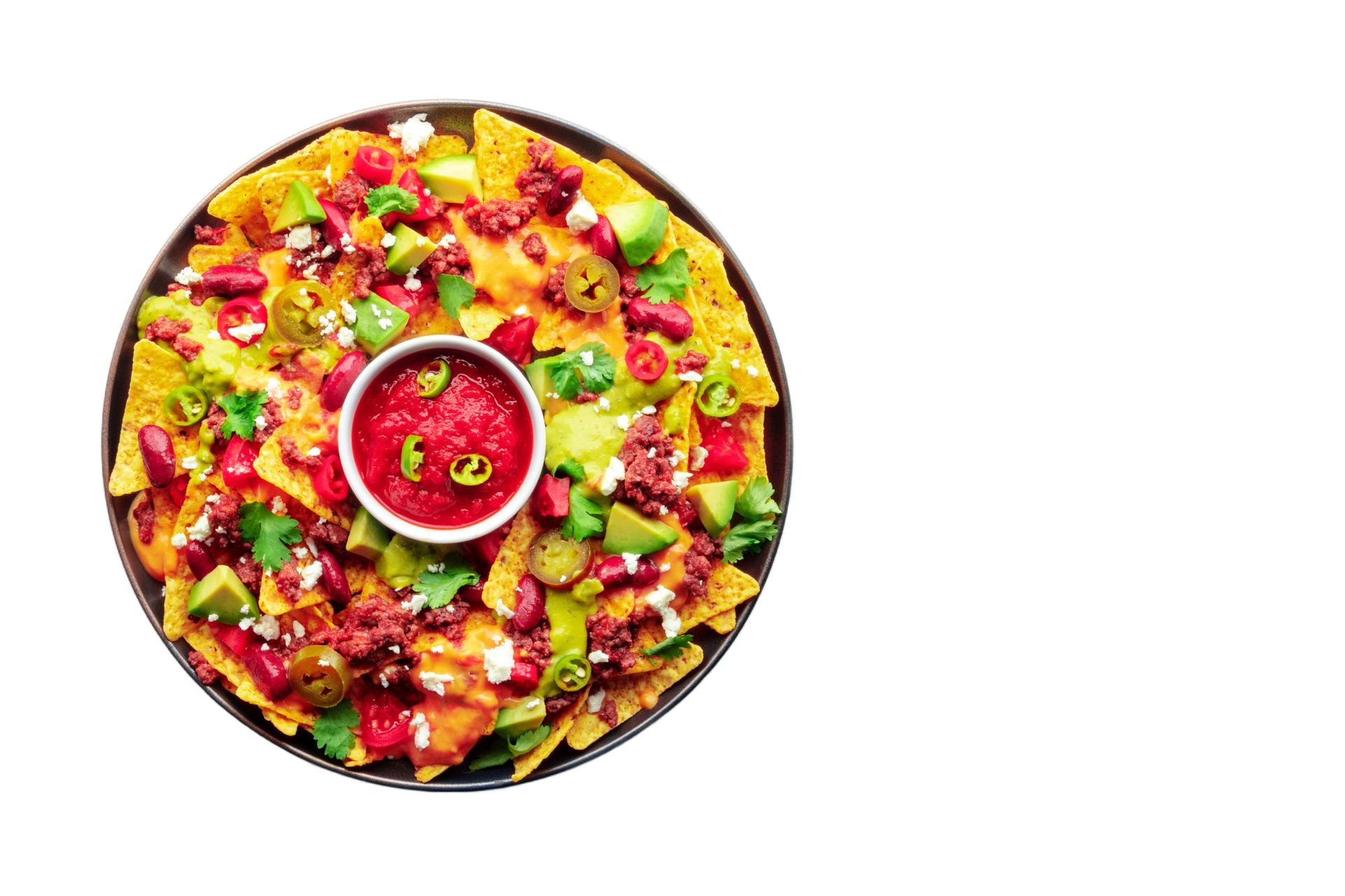 Nachos with chili, cheese, avocado, and salsa. Nachos with chili, cheese, avocado, and salsa.