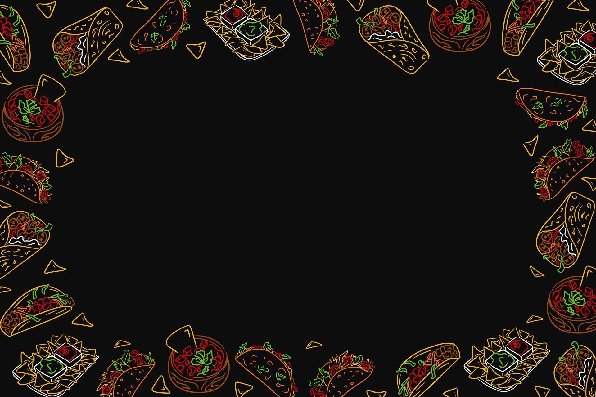 Border of neon-style tacos, burritos, and other Mexican food on a black background.