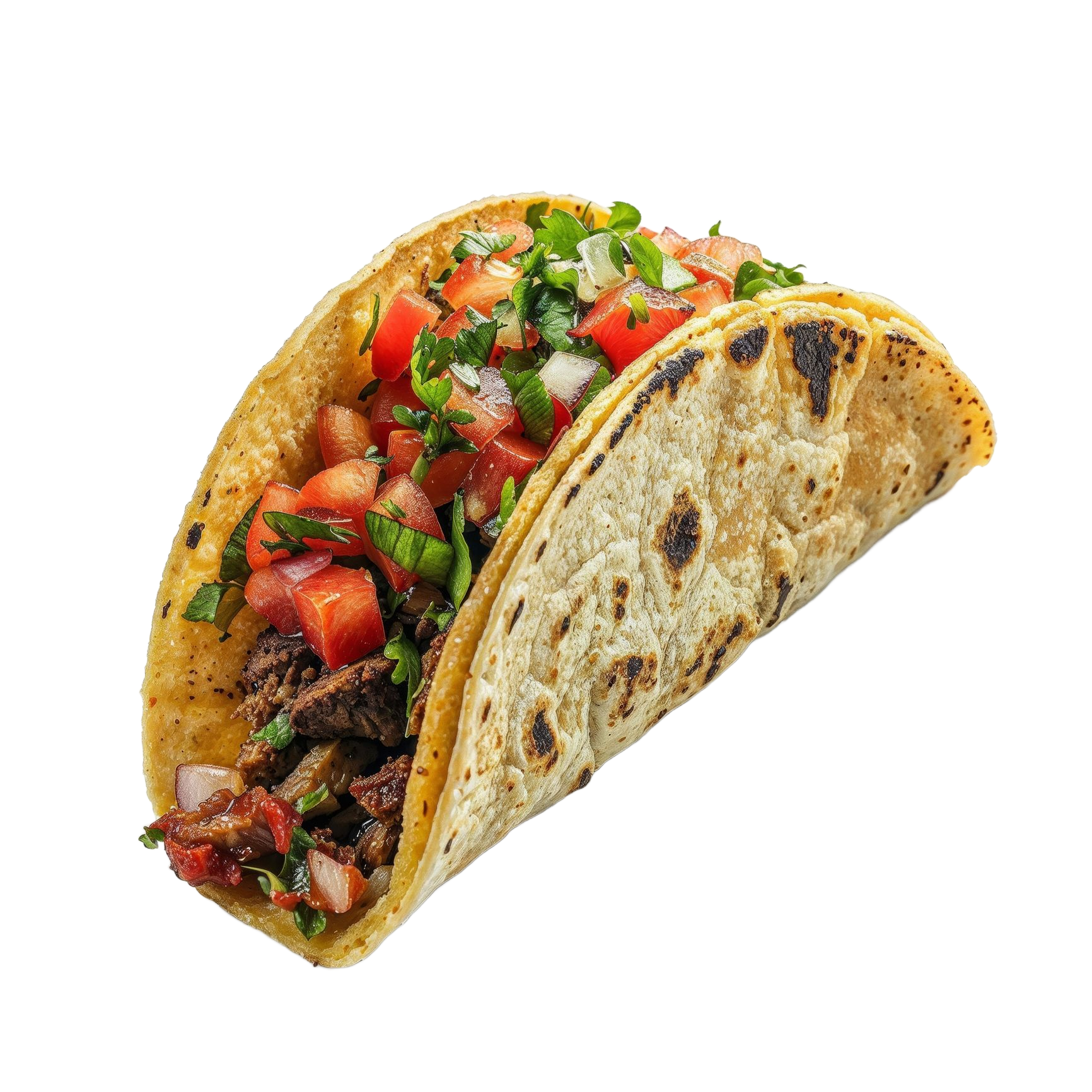 Taco with grilled meat, pico de gallo, and cilantro in a yellow tortilla. Taco with grilled meat, pico de gallo, and cilantro in a yellow tortilla.