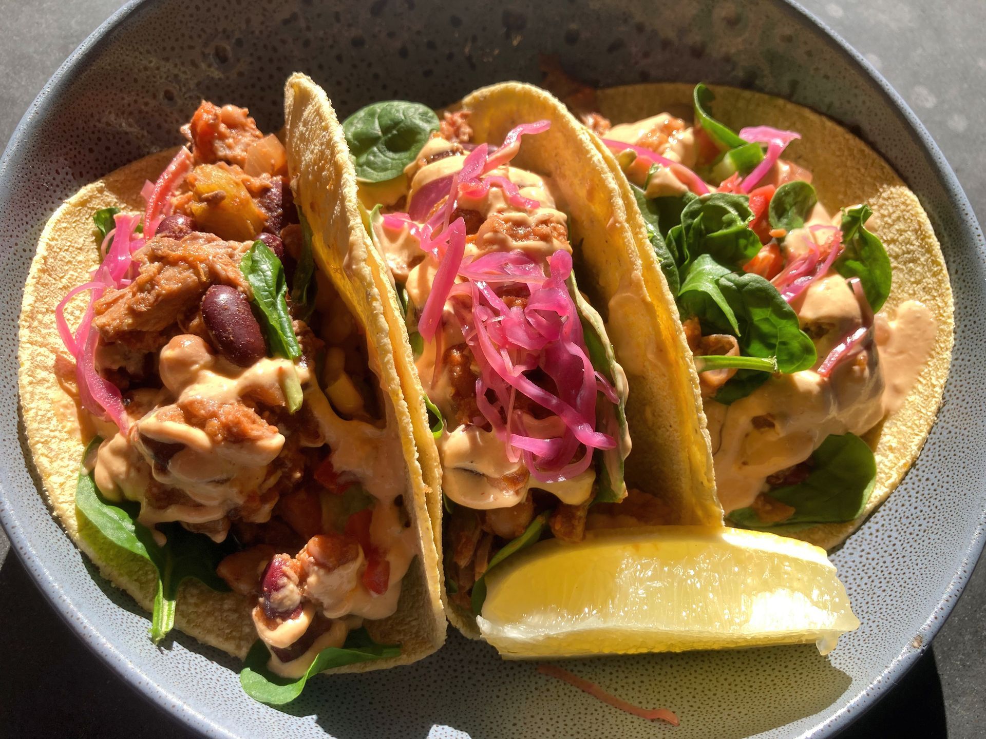 Three filled tacos in a bowl, with pink pickled onions, sauce, and a lemon wedge. Three filled tacos in a bowl, with pink pickled onions, sauce, and a lemon wedge.