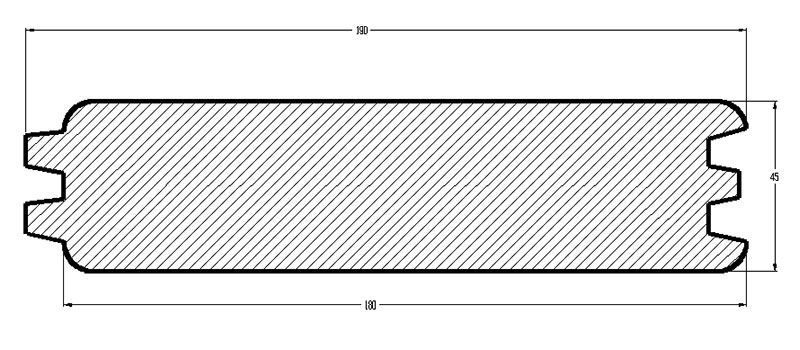 En sort/hvid tegning af et stykke træ med mål.