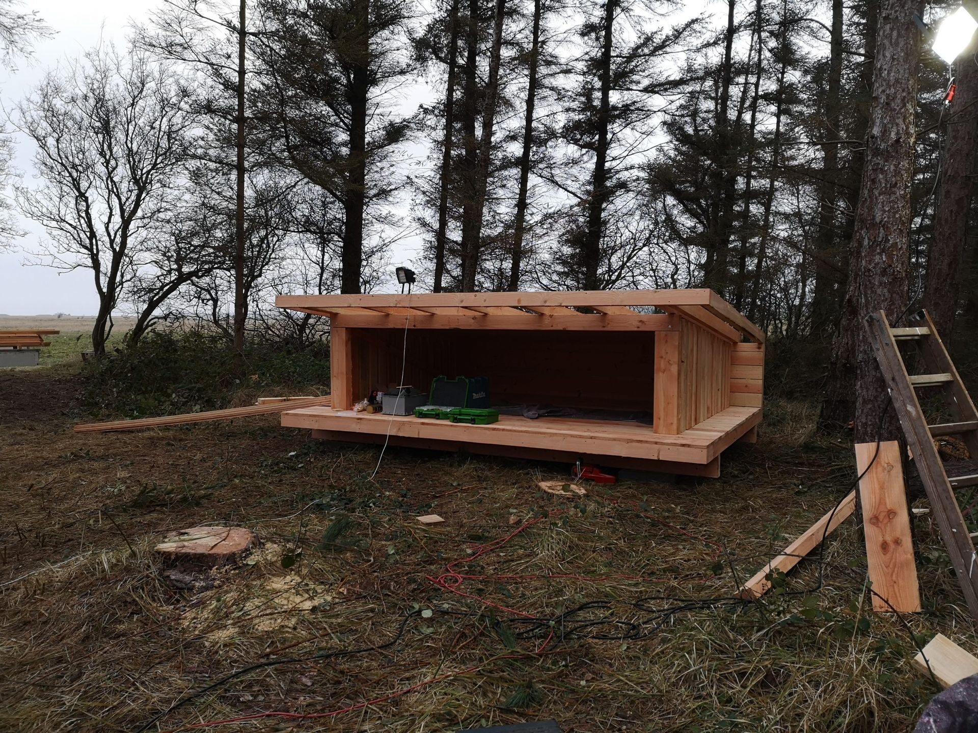 Der bygges en trækonstruktion midt i en skov.