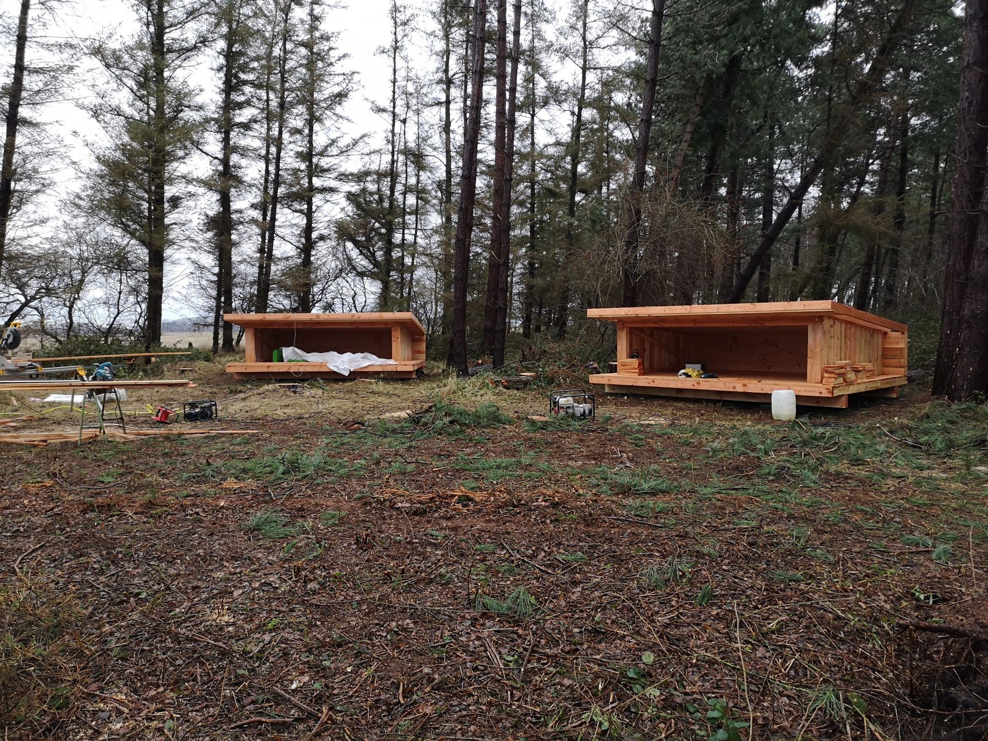 To shelters i træ sidder midt i en skov.