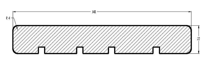 En sort/hvid tegning af et stykke træ med mål.