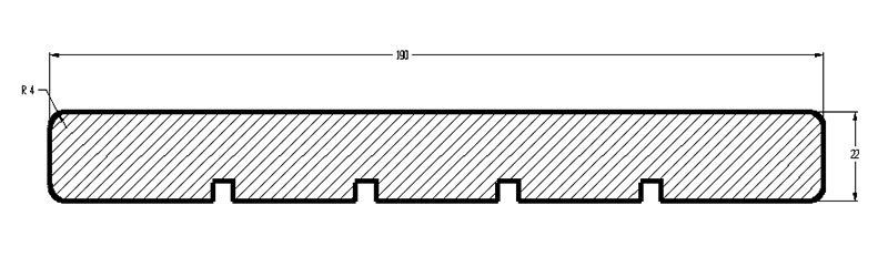 En sort/hvid tegning af et stykke træ med mål.