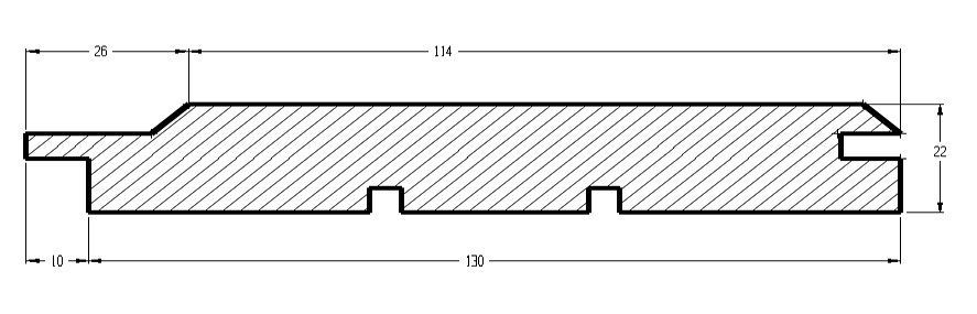 En sort/hvid tegning af et stykke træ med mål.