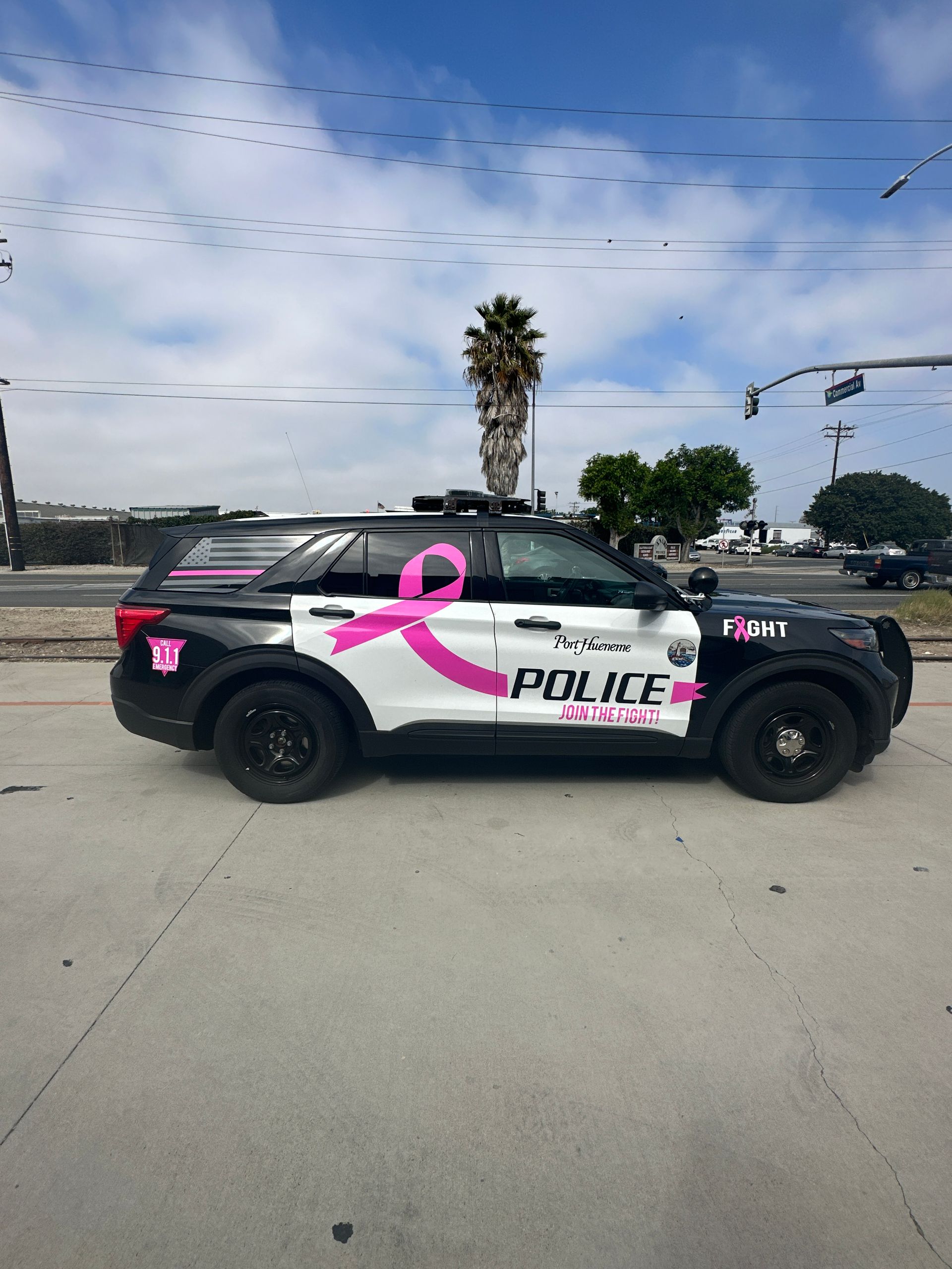 A police car with a pink ribbon on it