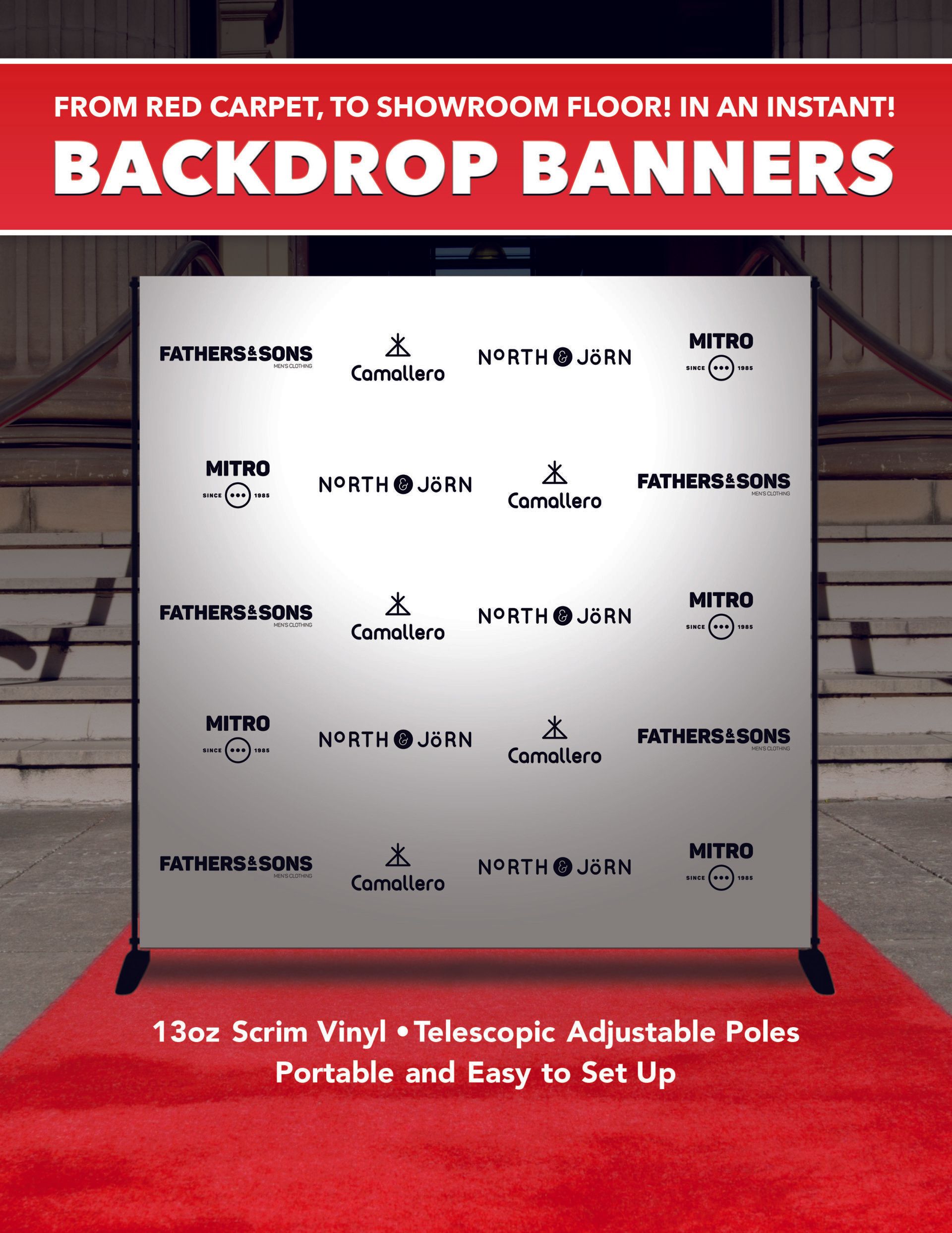 A backdrop banner is sitting on a red carpet