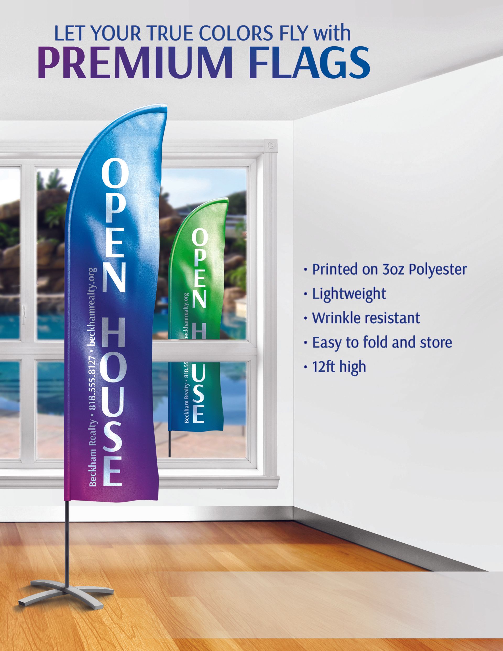 A blue and green flag that says open house on it