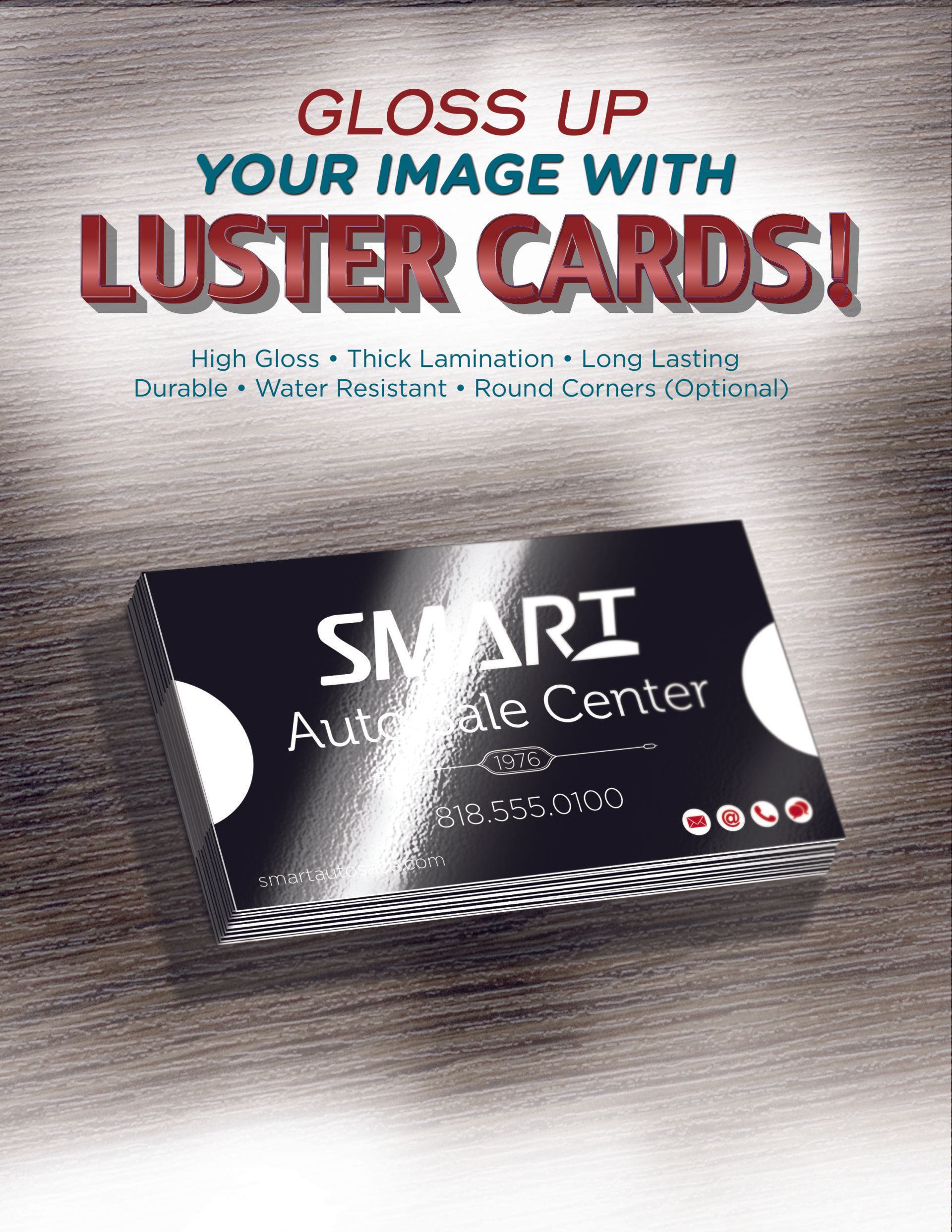 A business card that says gloss up your image with luster cards