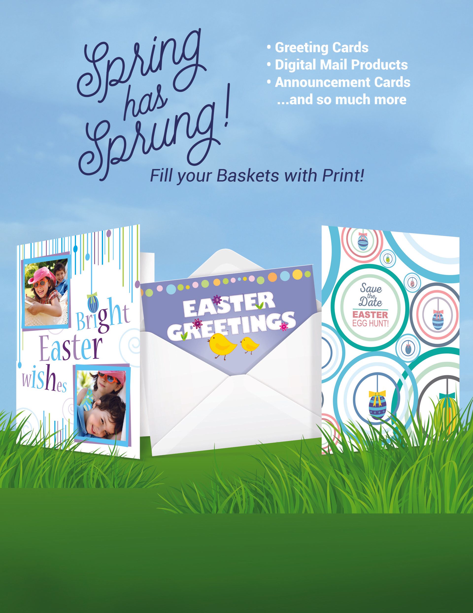 A bunch of easter cards are sitting on top of a lush green field.