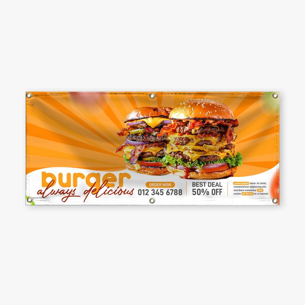 A banner with a picture of a hamburger on it.