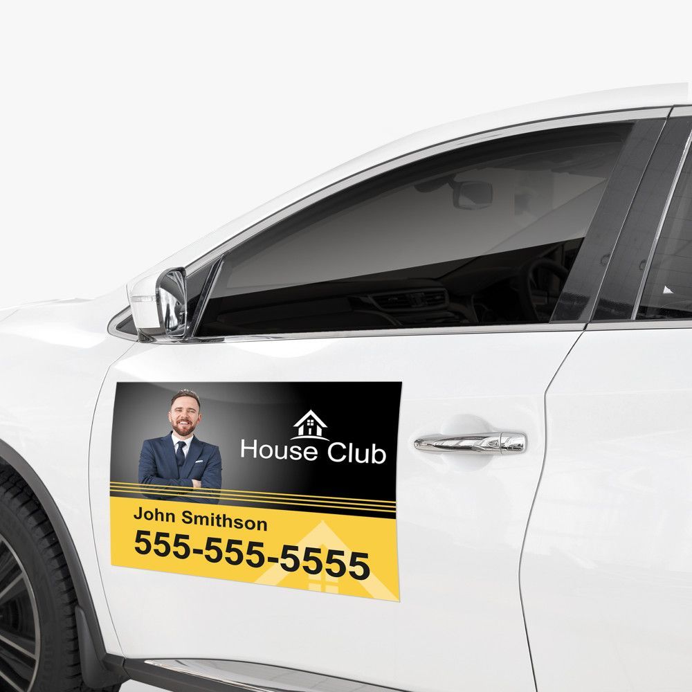 A white car with a house club sign on the door.