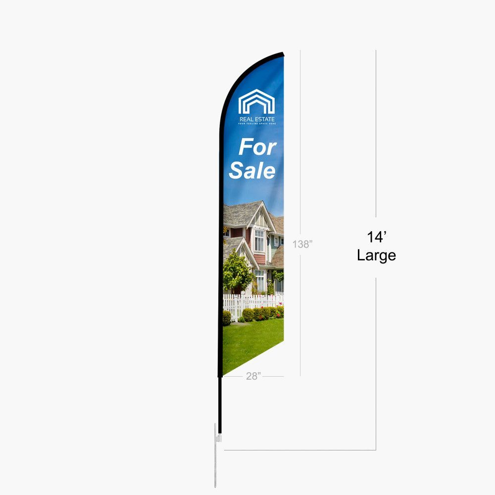 A large feather flag with a picture of a house on it.