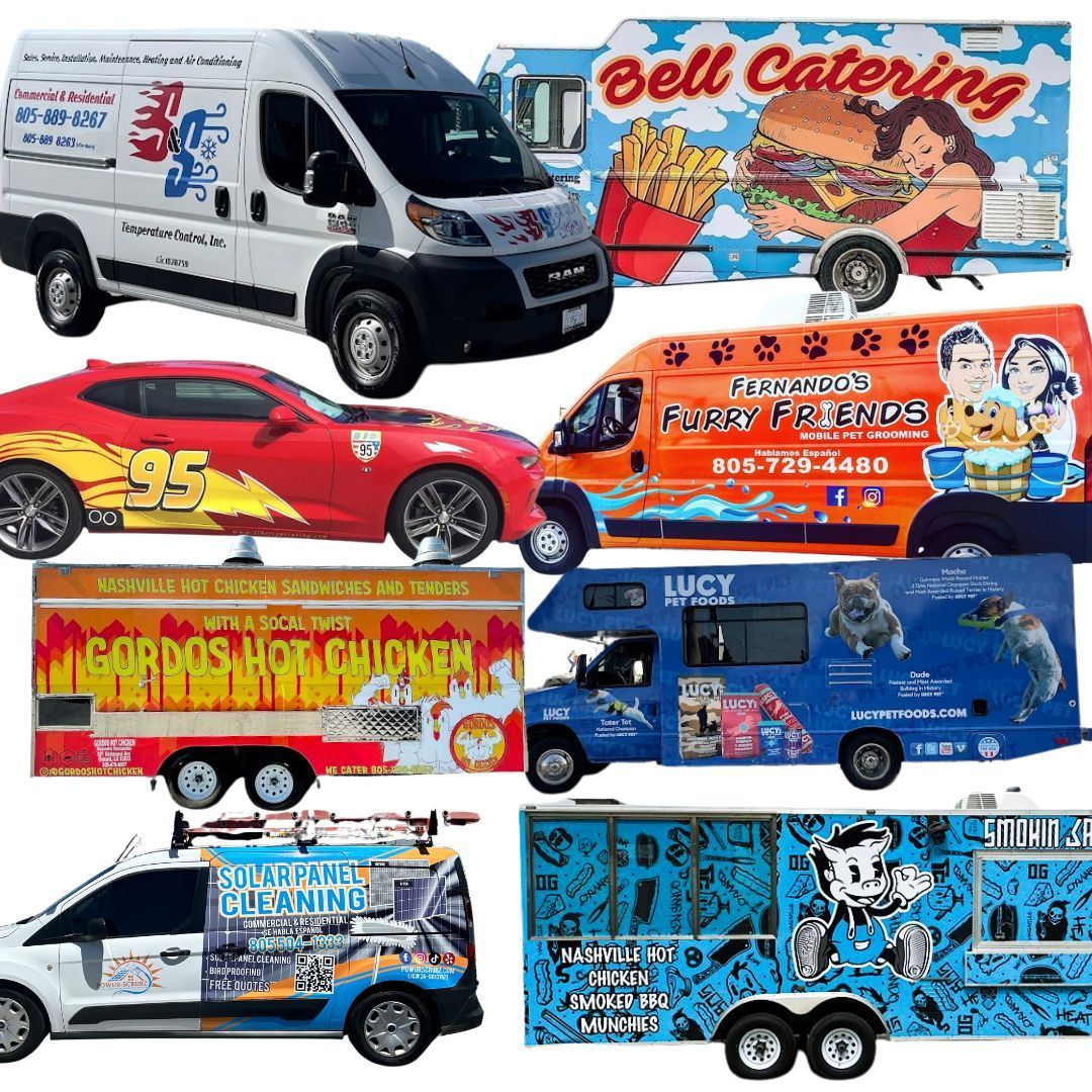A bunch of food trucks with different designs on them
