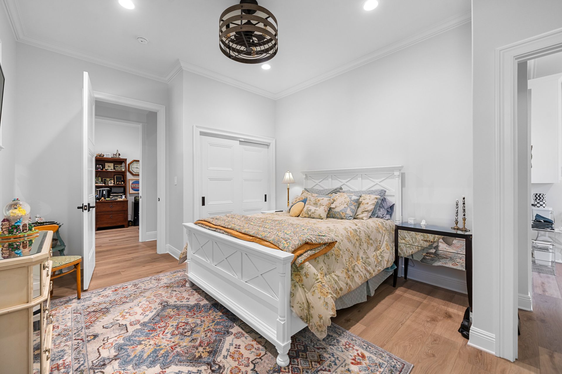 There is a large bed in the middle of the room.