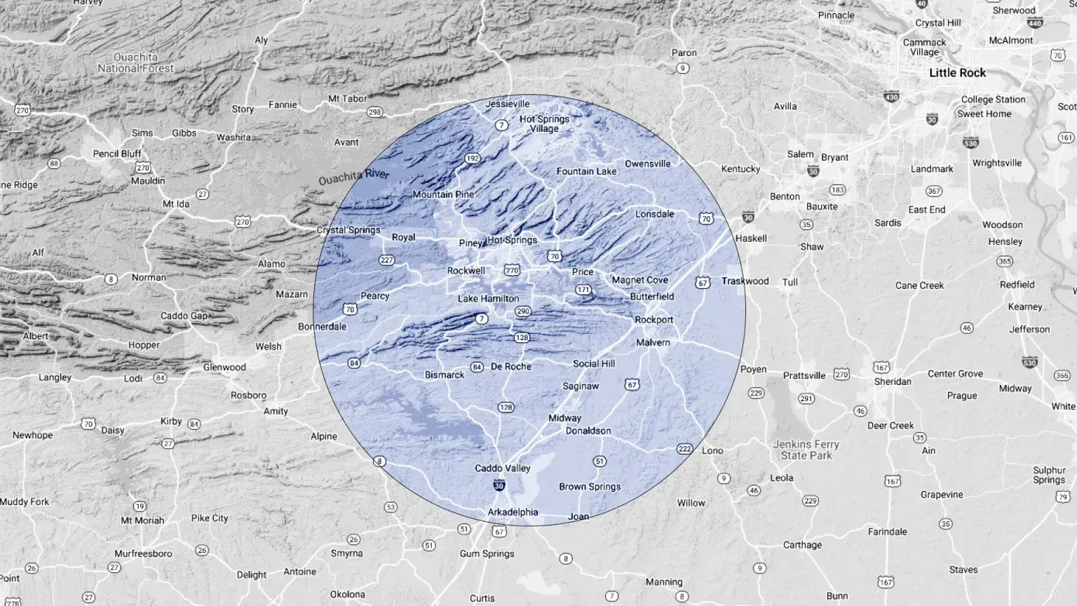 A map with a blue circle in the middle of it