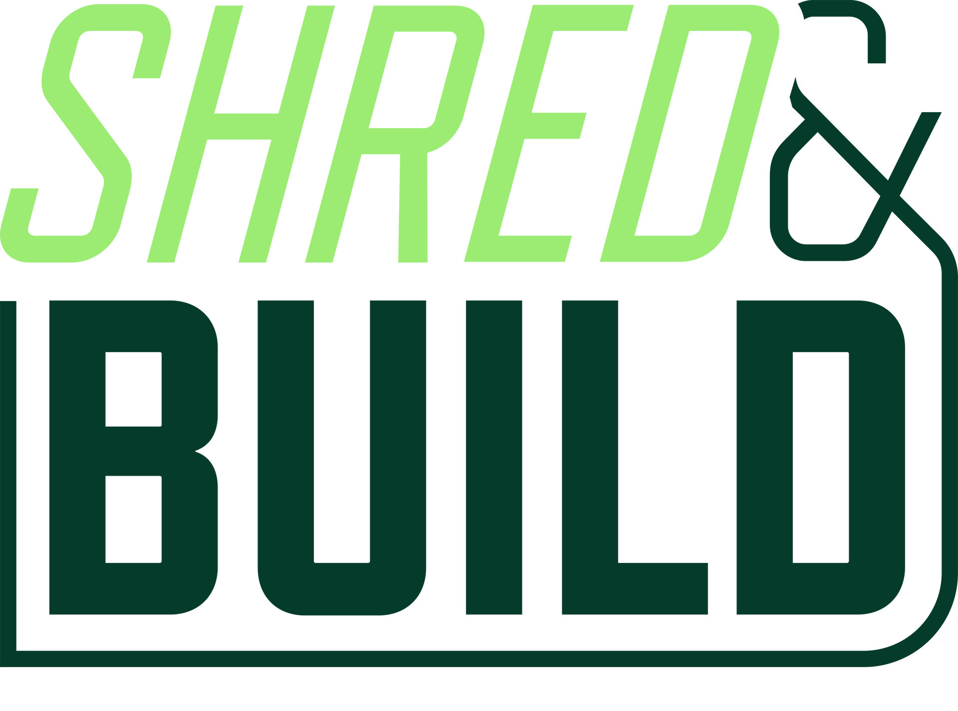 The logo for shred & build is green.