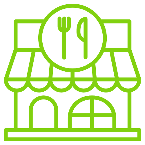 Green restaurant icon with fork and knife symbol.