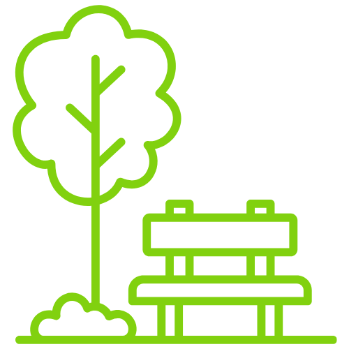 Green outline of a tree and park bench.