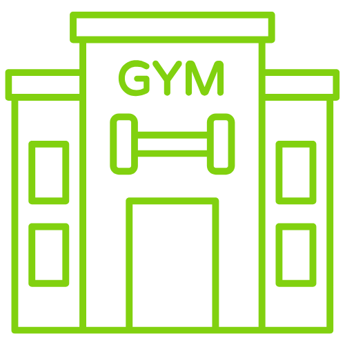 Green outline illustration of a gym building with the word