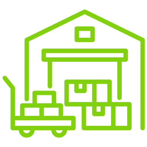 Green outline of a warehouse with boxes being moved by a hand truck.