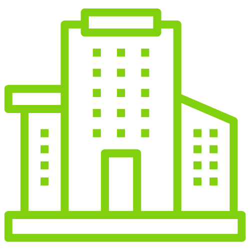 Green outline of a multi-building structure with windows, possibly an office complex.
