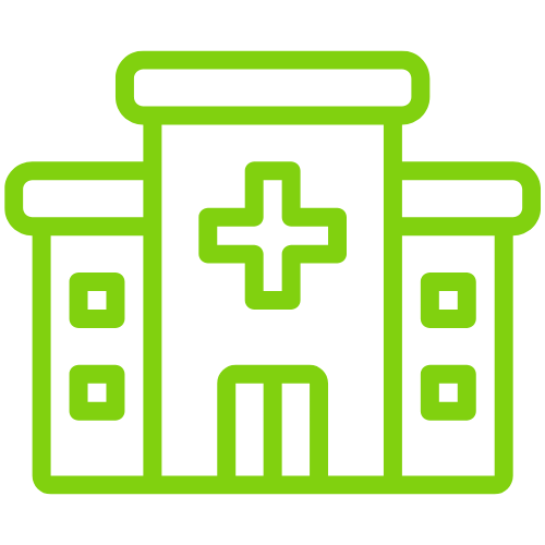 Green outline of a hospital building with a cross symbol.