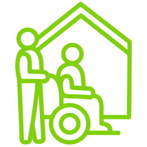 A person pushing a person in a wheelchair under a house outline, both in green.