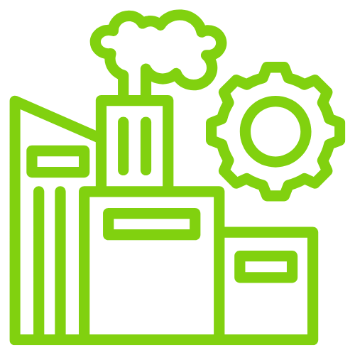 Green icon of a factory with smokestacks and a gear.