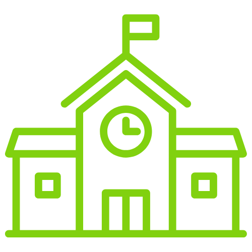 Green outline of a school building with a clock, flag, and windows.