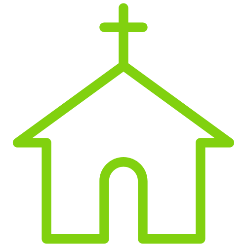 Green outline of a church building with a cross on top.
