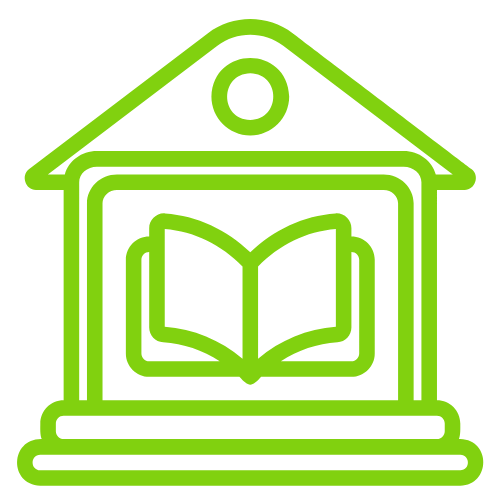 Green outlined building with open book inside.