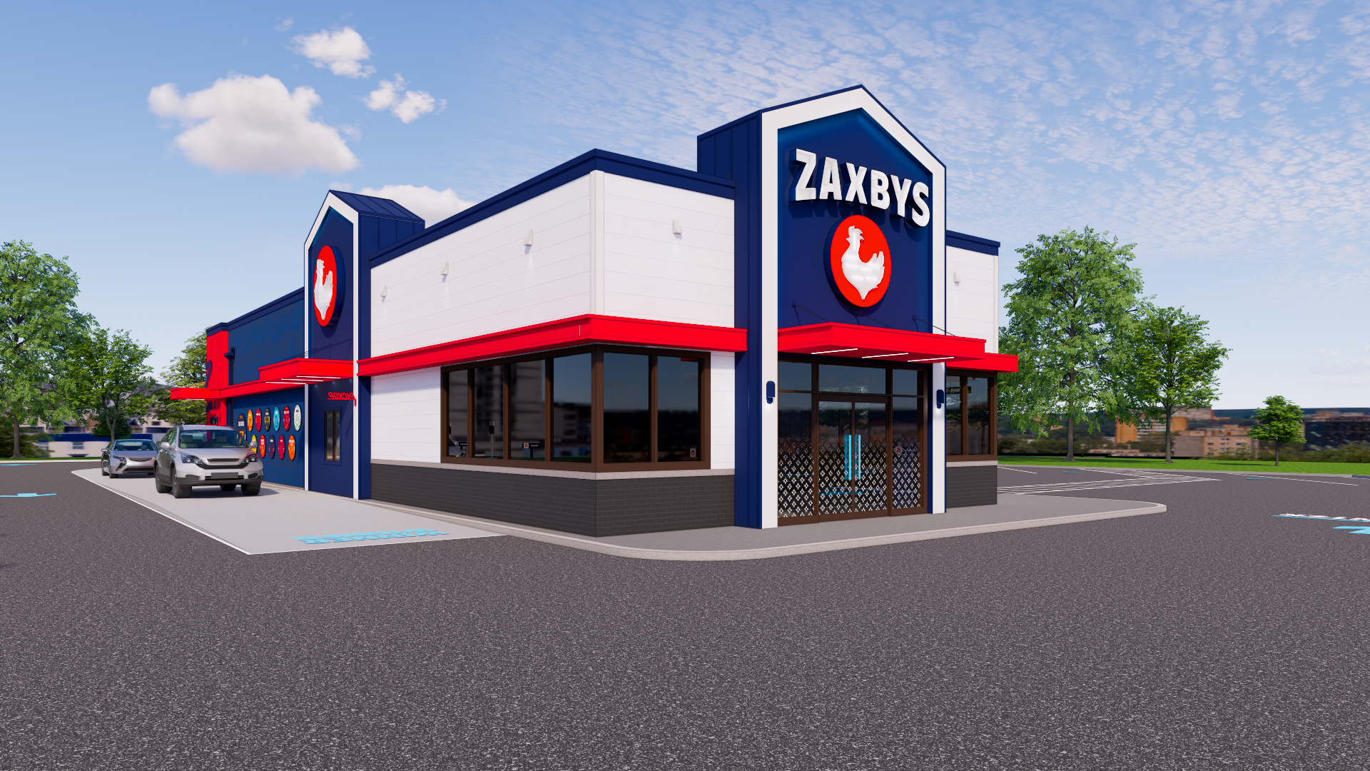 A Zaxby's restaurant exterior with a white, blue, and red facade, large windows, and a parking lot under a blue sky.