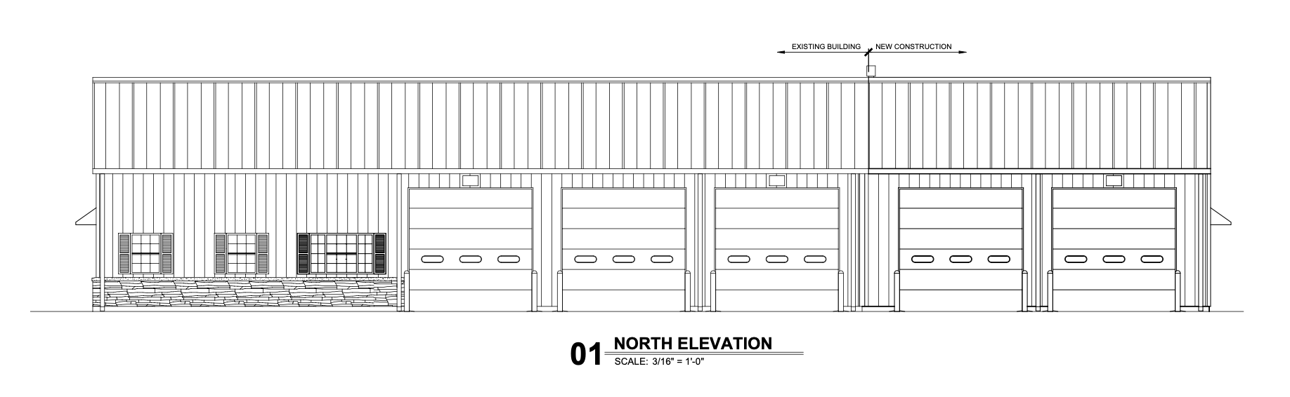 A black and white drawing of a building with garage doors.