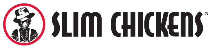 A logo for slim chickens with a man in a hat
