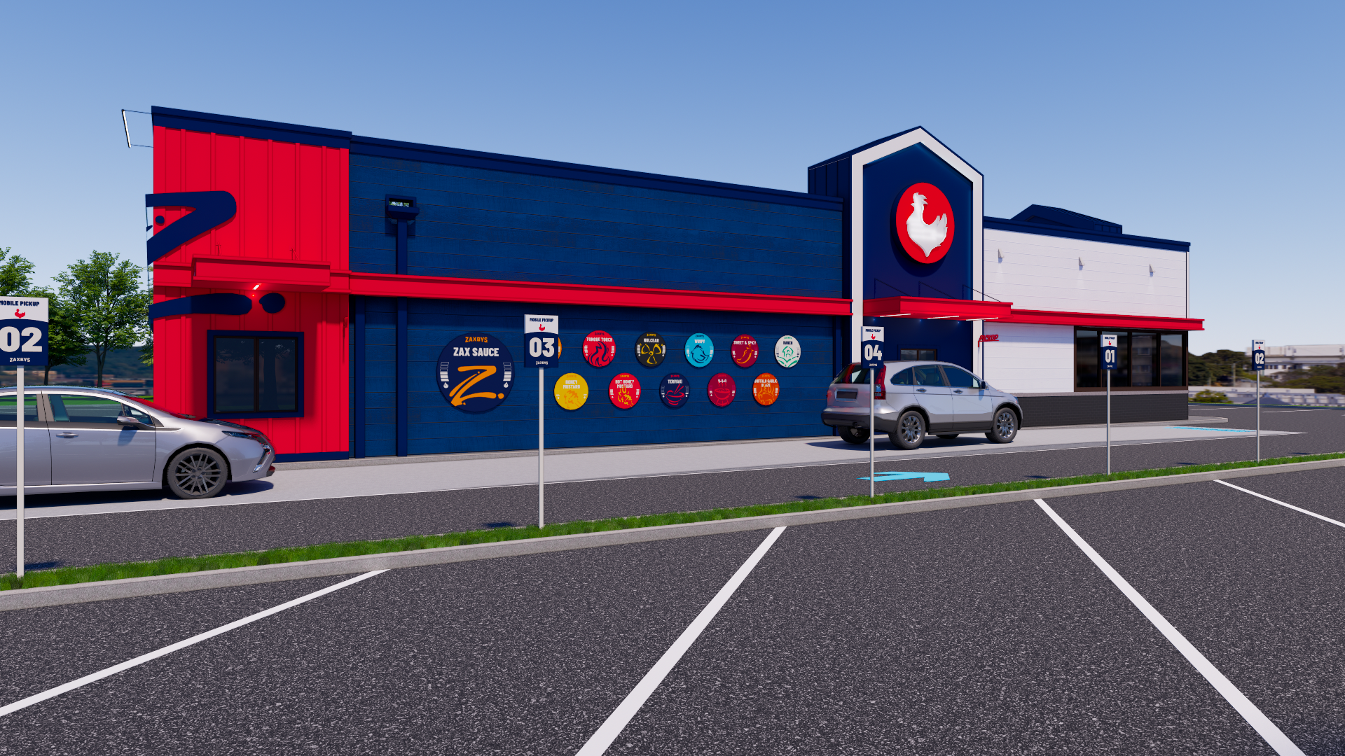 A brightly painted blue, red, and white fast food restaurant with a circular logo, parked cars, and a paved parking lot.
