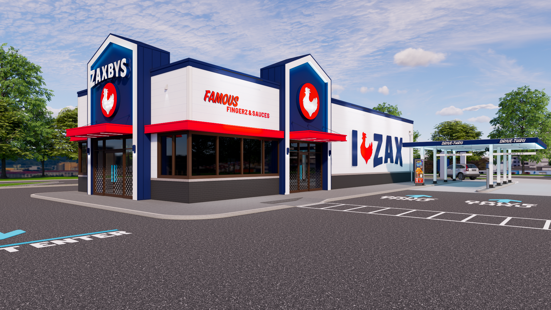 A Zaxby's restaurant exterior with a white, blue, and red color scheme under a bright blue sky.