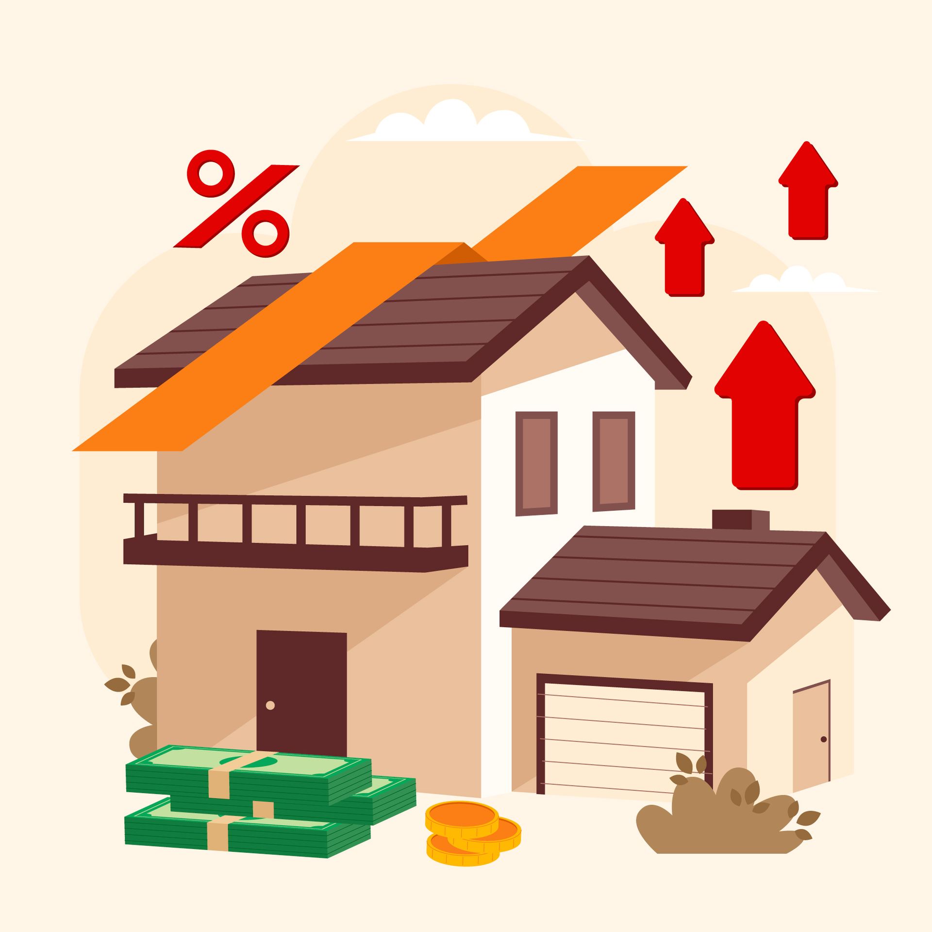 House with an upward-sloping orange arrow, red percentage symbol, and rising red arrows, indicating rising home values.