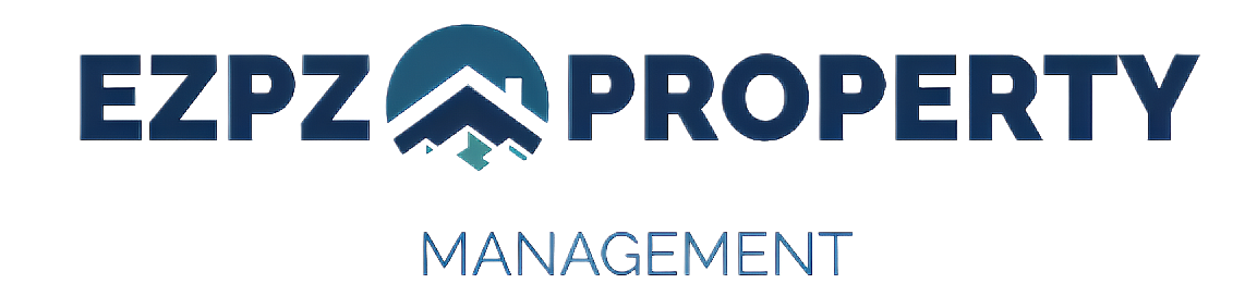 A blue and white logo for ezpz property management