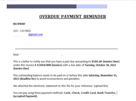 Overdue payment reminder letter with recipient info, past due amount, inand accepted payment methods.