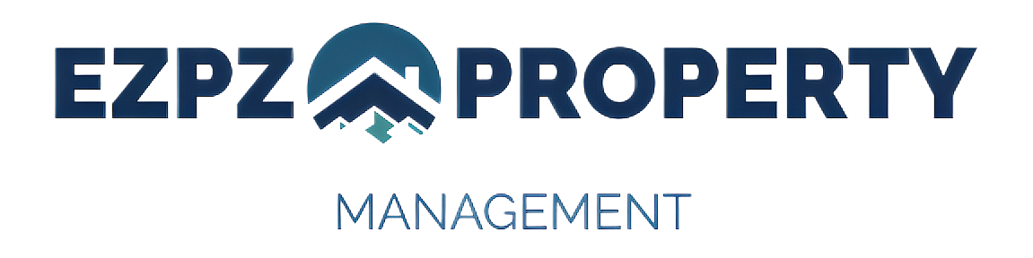 A blue and white logo for ezpz property management