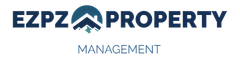 A blue and white logo for ezpz property management