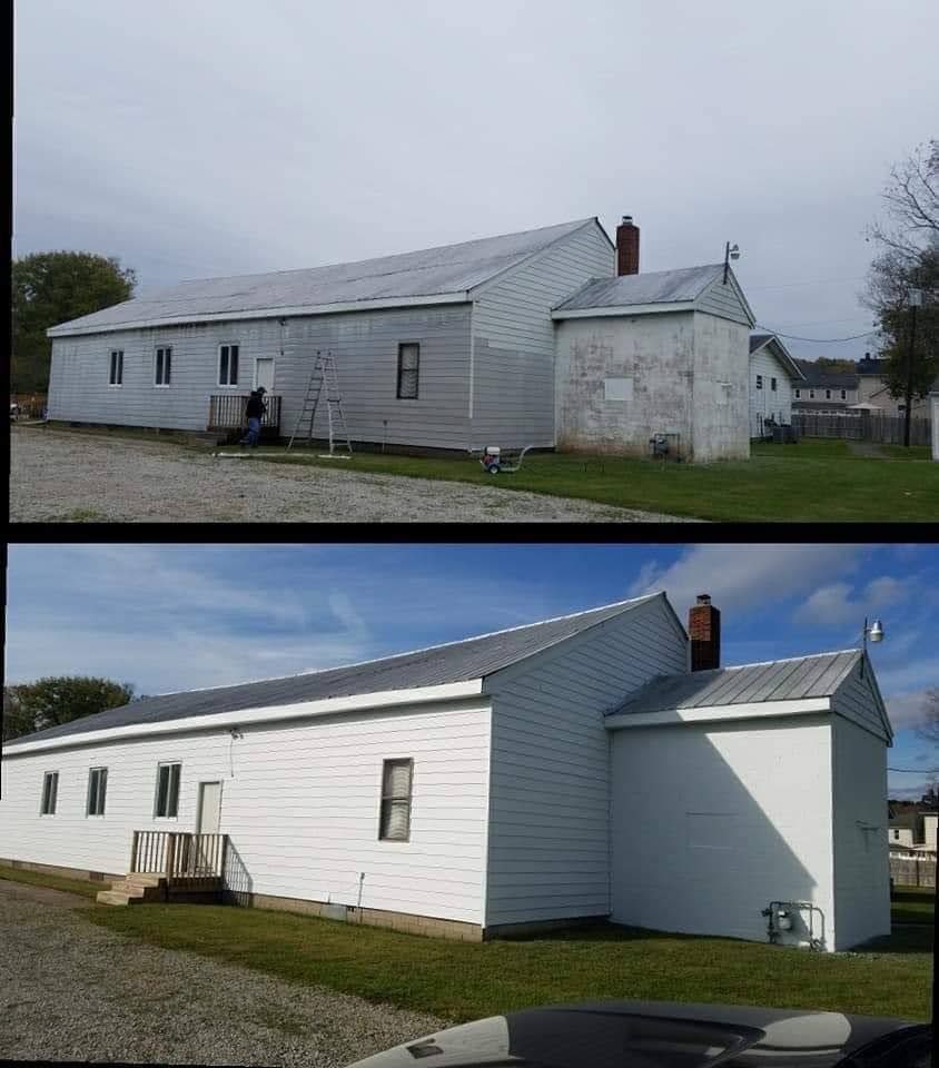 A before and after picture of a white house