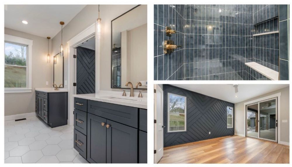 A bathroom with two sinks , a shower , and a living room.