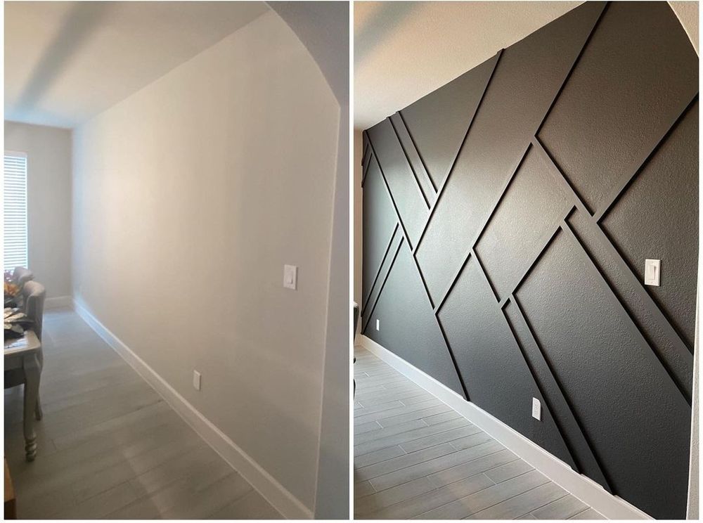 A before and after picture of a hallway with a geometric pattern on the wall.