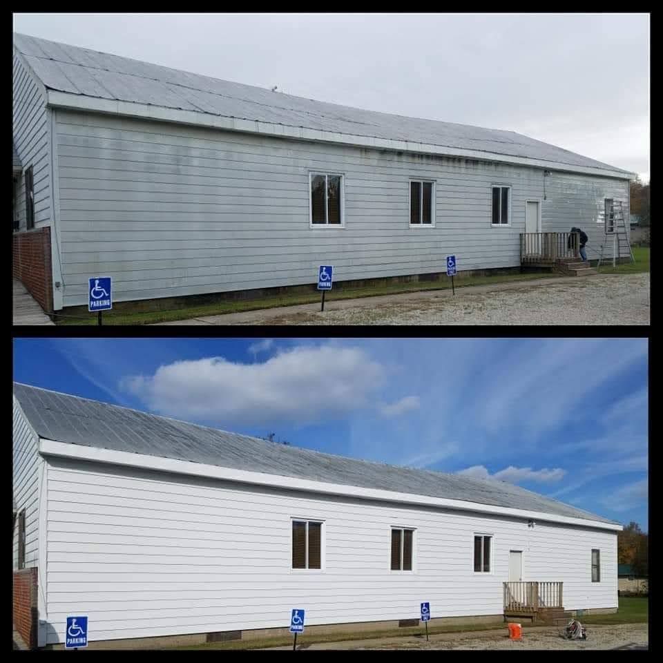 A before and after picture of a white building with a handicap sign on the side.